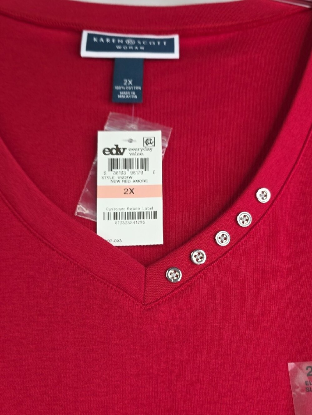 Karen Scott Red V-Neck Top with Stud Trim - Picture 6 of 7